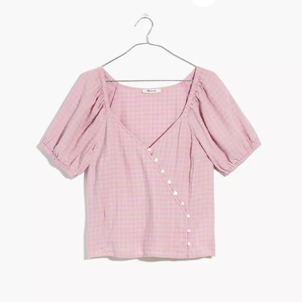 NWT Madewell Linen-Blend Puff-Sleeve Button-Wrap Top in sweet lavender plaid